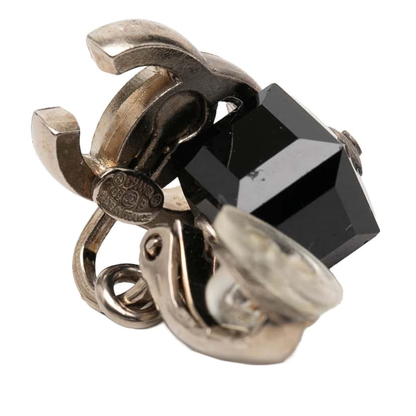 Chanel CC Brass Cube Rhinestone Drop Clip On Earrings Silver Metal Very good condition - Inside View