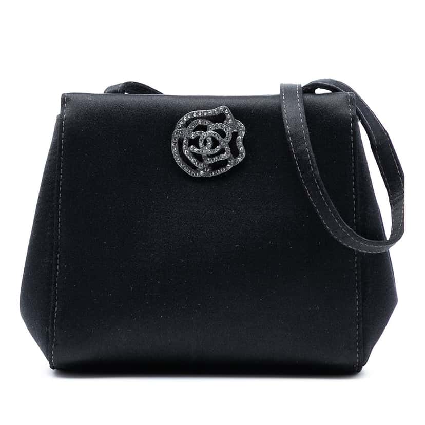 Chanel Satin Camellia Evening Bag Black Very good condition - Front View