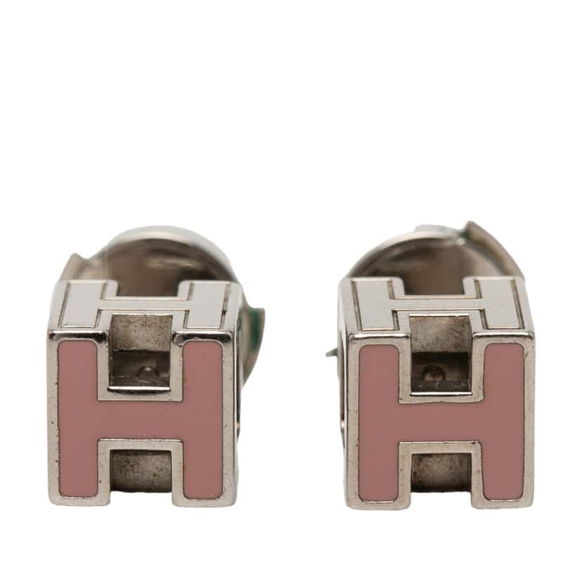 Hermès Palladium Plated Enamel Cage D H Push Back Earrings Pink Metal Very good condition - Front View