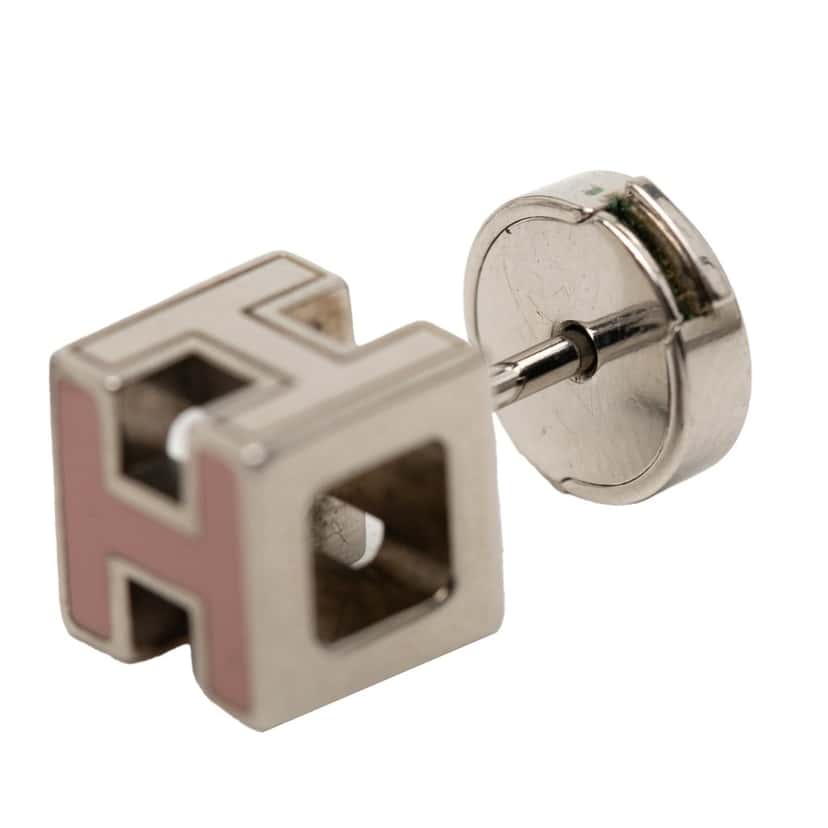 Hermès Palladium Plated Enamel Cage D H Push Back Earrings Pink Metal Very good condition - Inside View