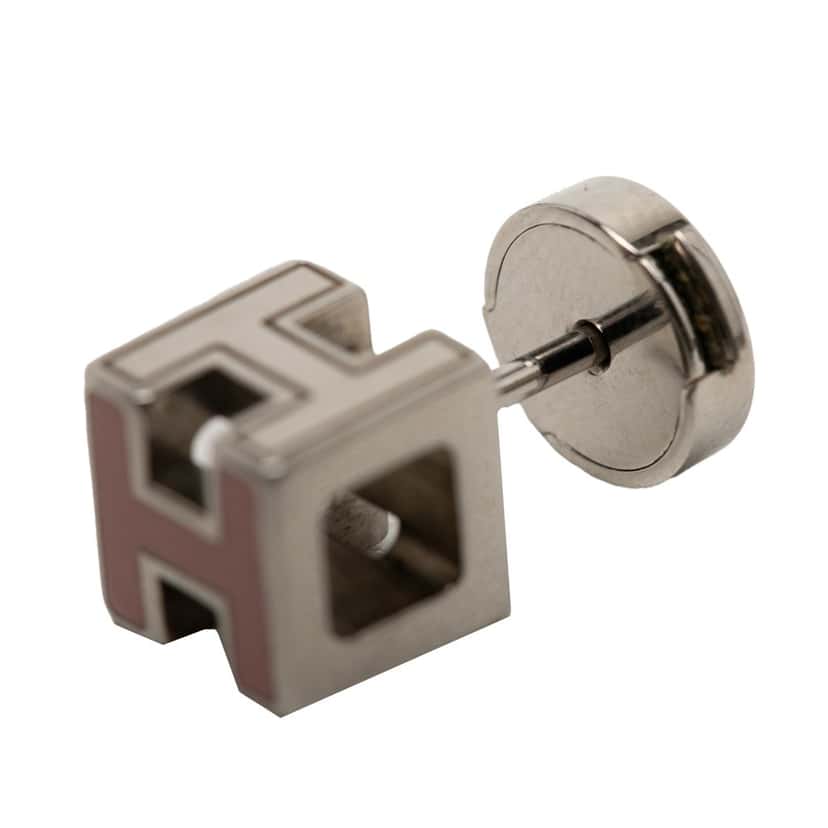 Hermès Palladium Plated Enamel Cage D H Push Back Earrings Pink Metal Very good condition - Model View