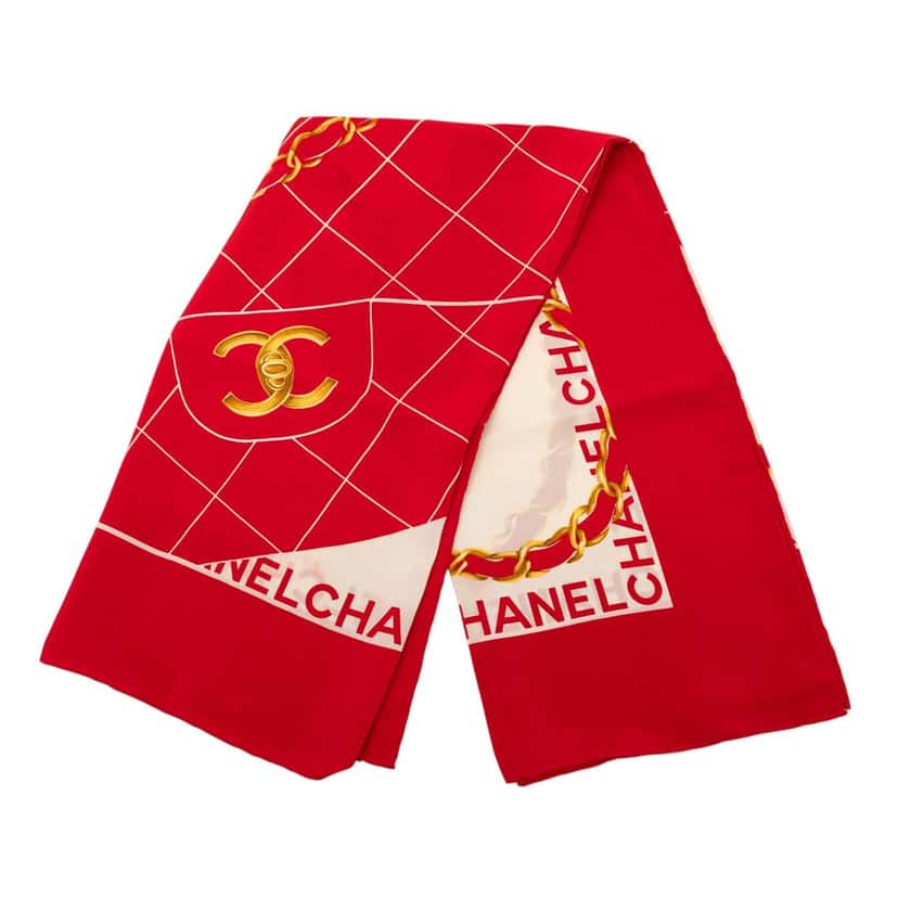 Chanel Classic Flap Printed Silk Scarf Red Very good condition - Front View