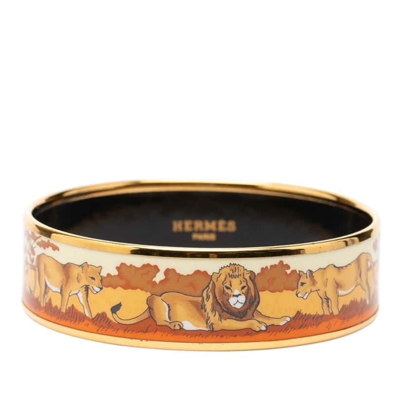 Hermès Wide Enamel Pride of Lions Bangle 62 Orange Very good condition - Front View