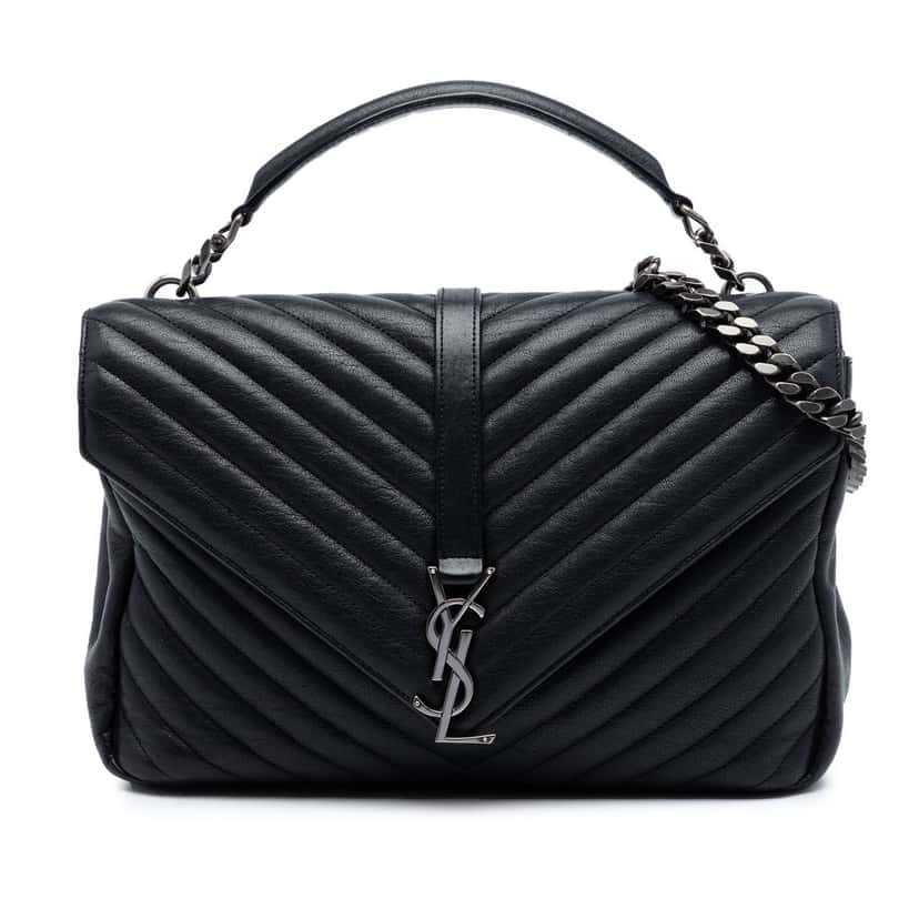 Saint Laurent Large Sheepskin Chevron Monogram Monochrome College Bag Black Leather Very good condition - Front View