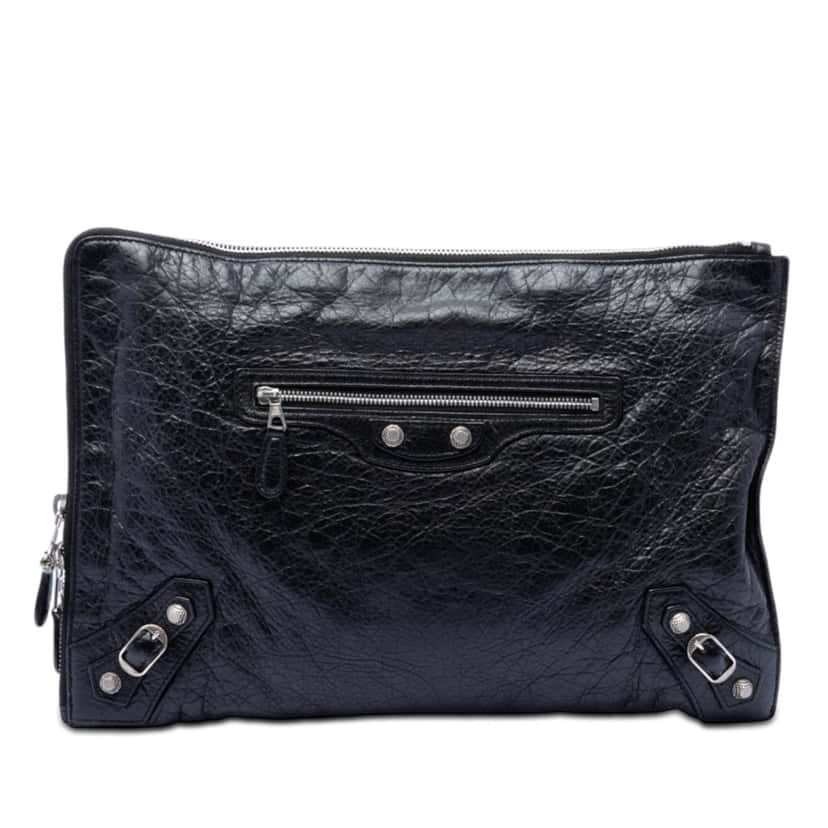 Balenciaga Lambskin Motocross Giant 12 Zip Around Flat Clutch Black Leather Very good condition - Front View