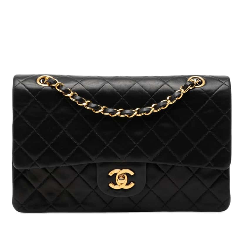 Chanel Medium Classic Lambskin Double Flap Black Leather Very good condition - Front View