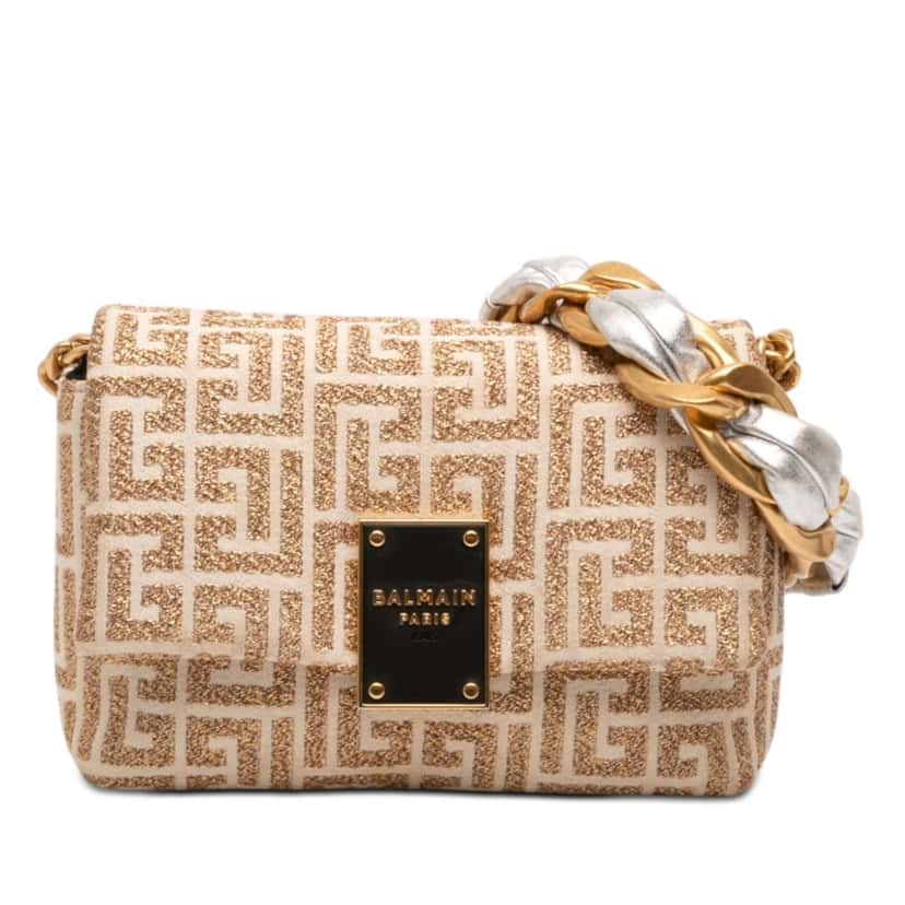 Balmain Mini Monogram Jacquard 1945 Crossbody Beige Very good condition - Front View