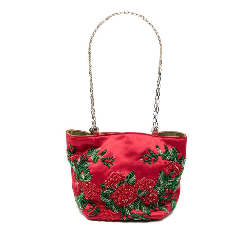 Valentino Micro Beaded Satin Floral Chain Tote Red Very good condition - Front View