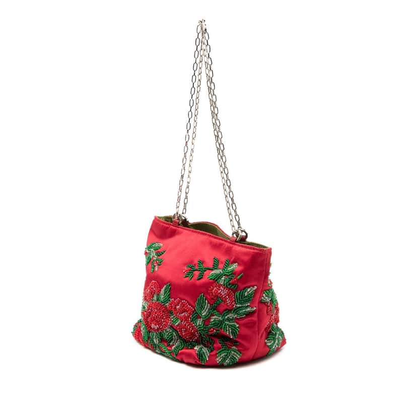 Valentino Micro Beaded Satin Floral Chain Tote Red Very good condition - Back View