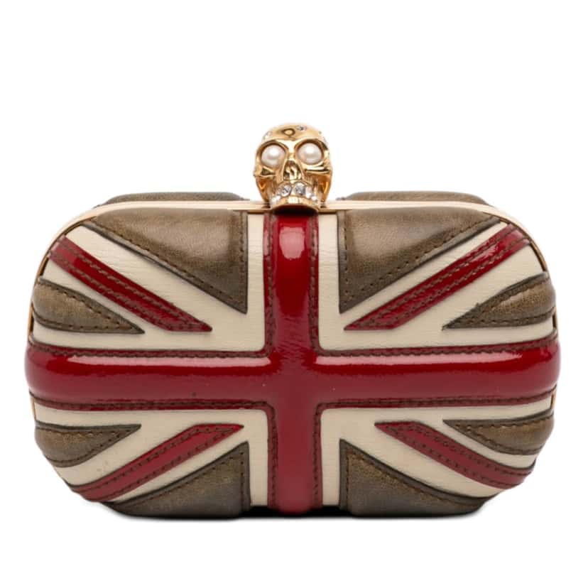 Alexander McQueen Calfskin and Patent Britannia Skull Box Clutch Brown Leather Very good condition - Front View