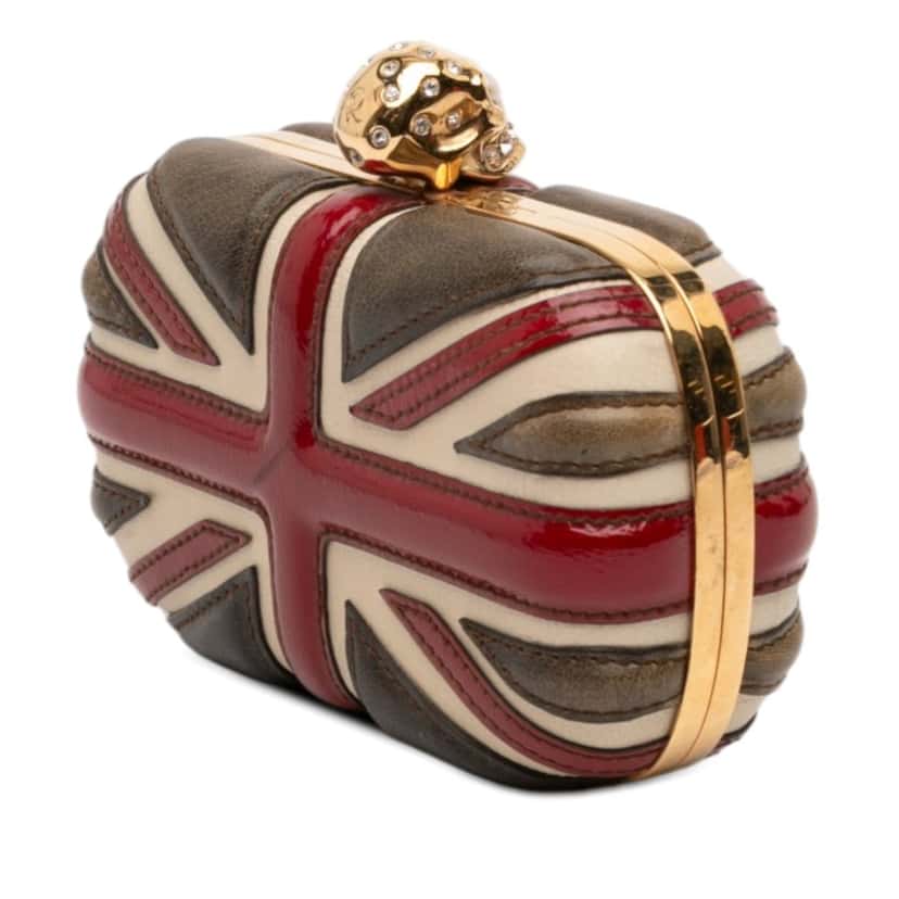 Alexander McQueen Calfskin and Patent Britannia Skull Box Clutch Brown Leather Very good condition - Back View