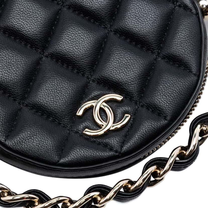 Chanel CC Quilted Lambskin Round Chain Around Clutch With Chain Black Leather Very good condition - Box View