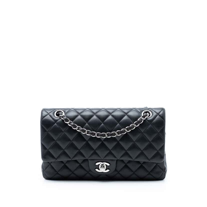 Chanel Medium Classic Lambskin Double Flap Black Leather Very good condition - Front View
