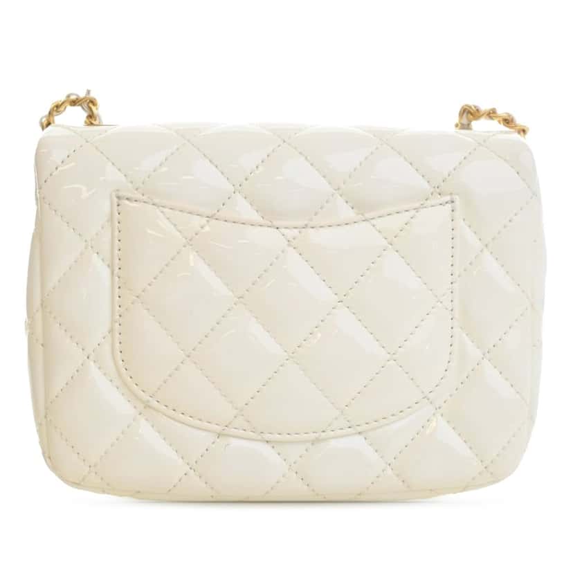 Chanel Mini Square Classic Patent Enamel Coco Hearts Single Flap White Leather Very good condition - Back View