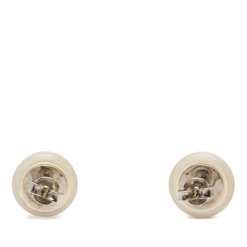 Chanel CC Brass Faux Pearl Round Push Back Earrings Silver Very good condition - Back View