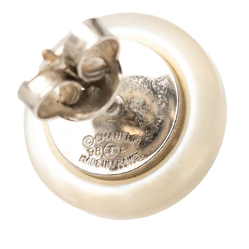 Chanel CC Brass Faux Pearl Round Push Back Earrings Silver Very good condition - Inside View