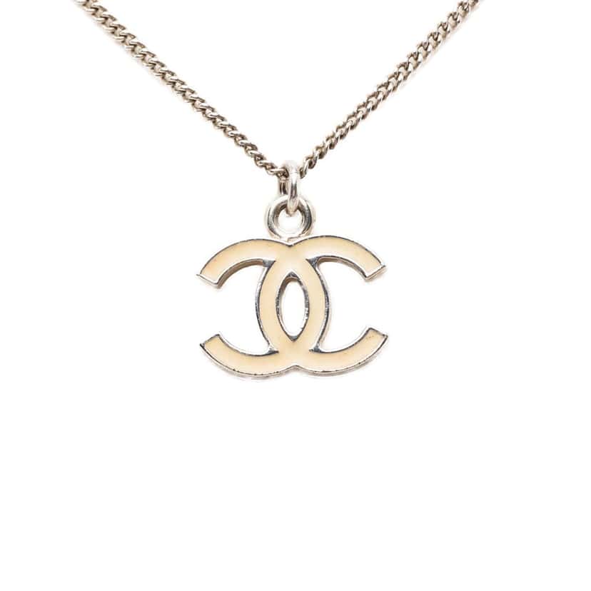 Chanel CC Brass Enamel Pendant Necklace Silver Metal Very good condition - Back View