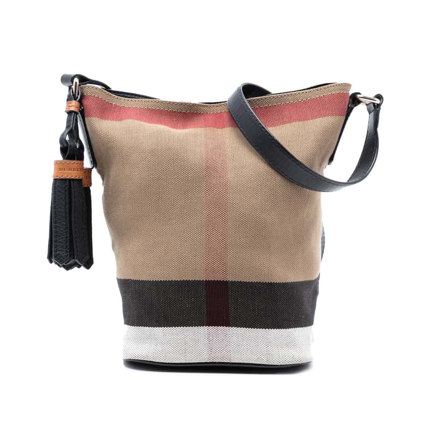 Burberry Mini Mega Check Canvas Ashby Tassel Bucket Bag Brown Very good condition - Front View