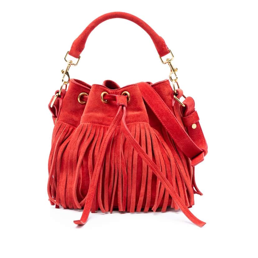 Saint Laurent Small Suede Emmanuelle Fringe Bucket Bag Red Leather Very good condition - Front View