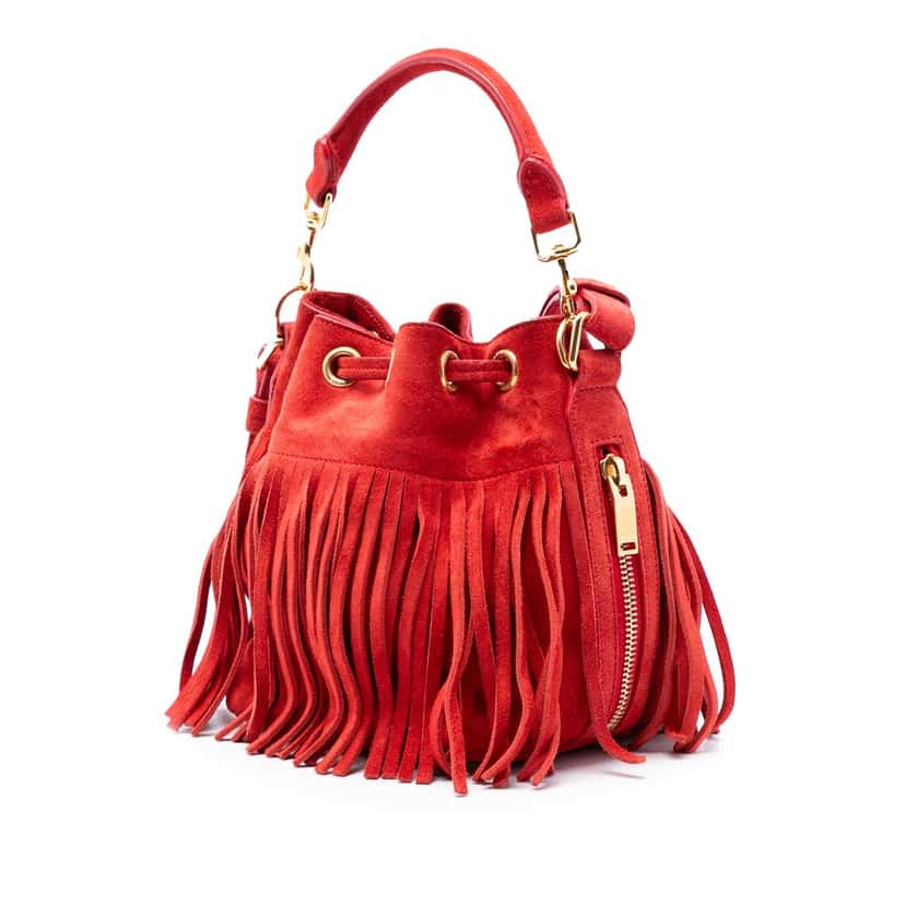 Saint Laurent Small Suede Emmanuelle Fringe Bucket Bag Red Leather Very good condition - Back View