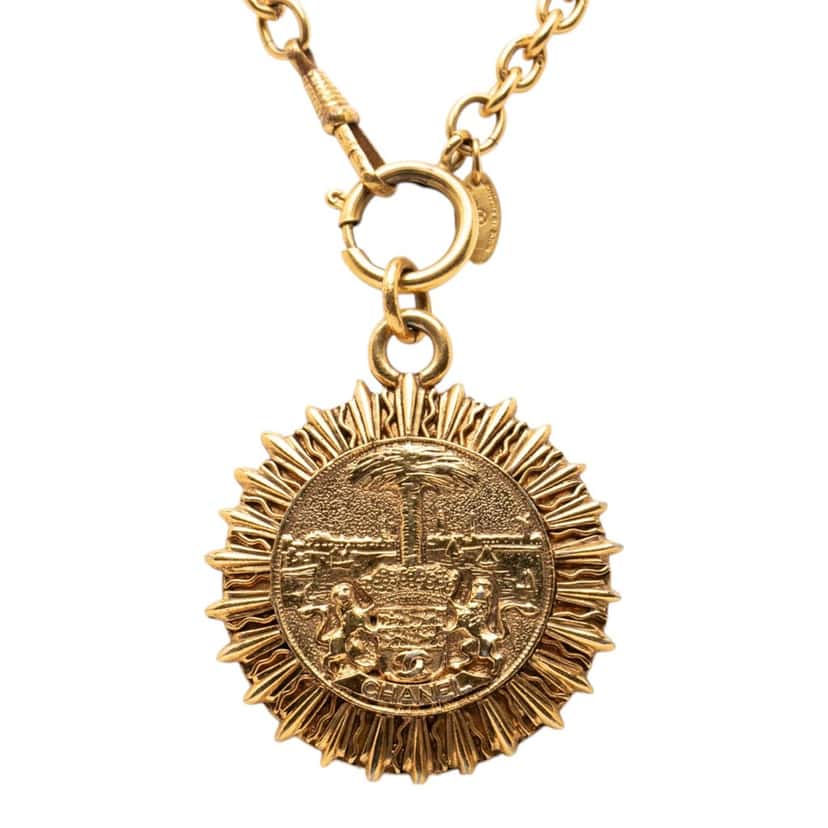 Chanel Gold Plated Medallion Coat of Arms Sunburst Pendant Necklace Gold Metal Very good condition - Back View