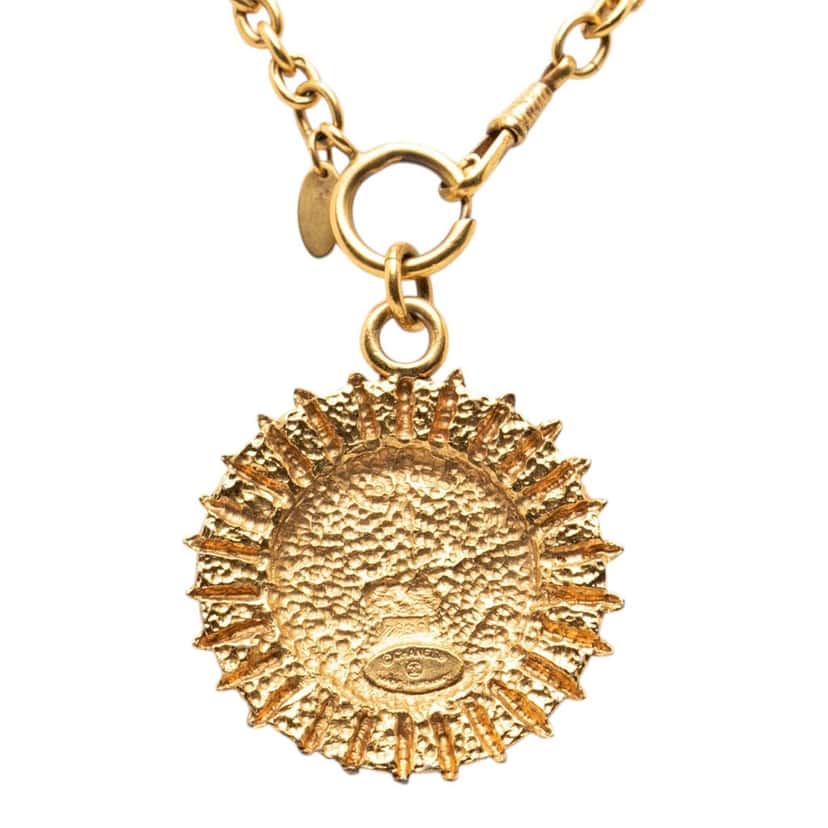 Chanel Gold Plated Medallion Coat of Arms Sunburst Pendant Necklace Gold Metal Very good condition - Inside View