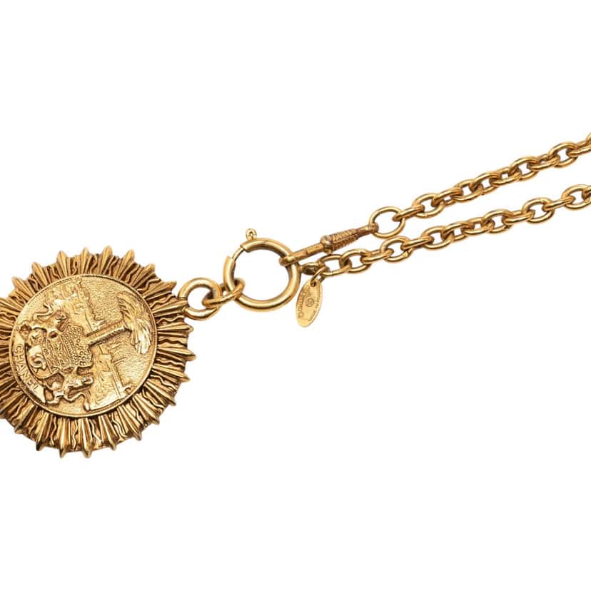Chanel Gold Plated Medallion Coat of Arms Sunburst Pendant Necklace Gold Metal Very good condition - Model View