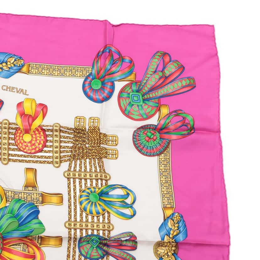 Hermès Les Rubans du Cheval Silk Scarf 90 Pink Very good condition - Inside View
