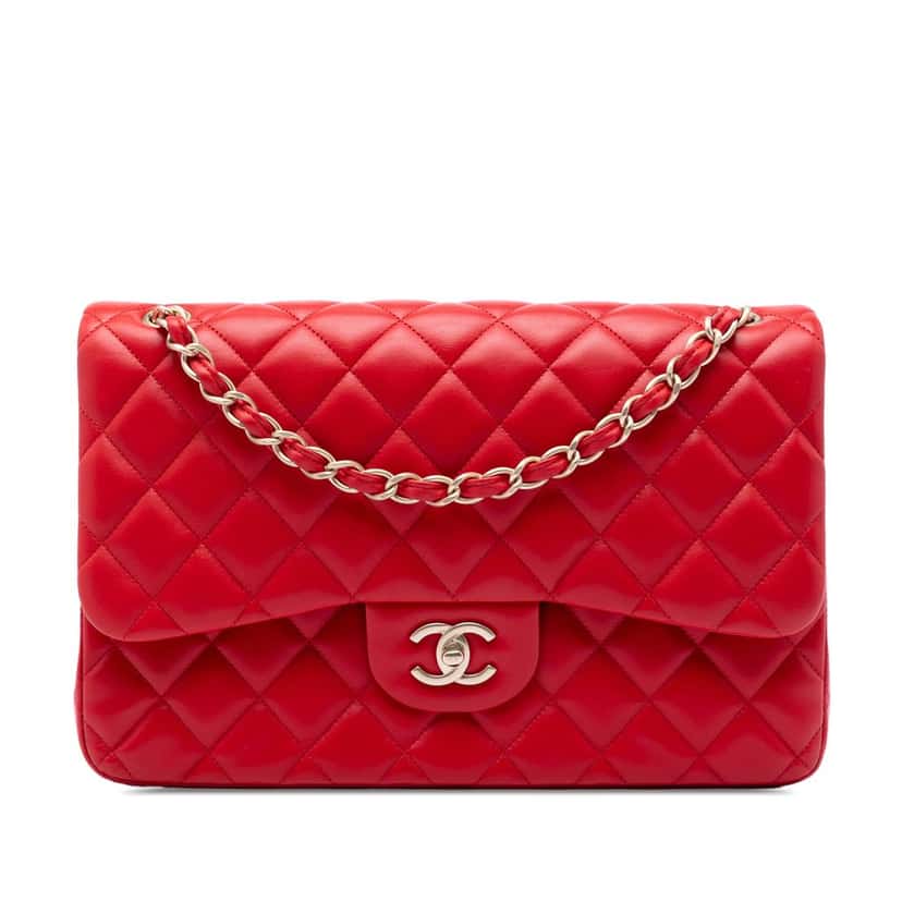 Chanel Jumbo Classic Lambskin Double Flap Red Leather Very good condition - Front View
