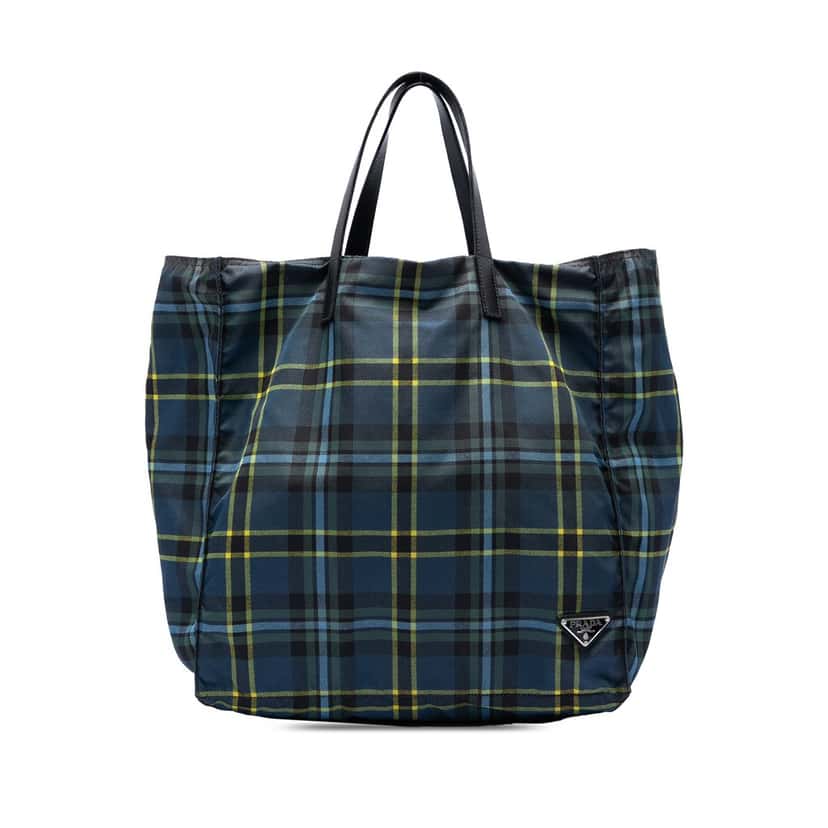 Prada Tessuto Stampato Plaid Tote Blue Very good condition - Front View
