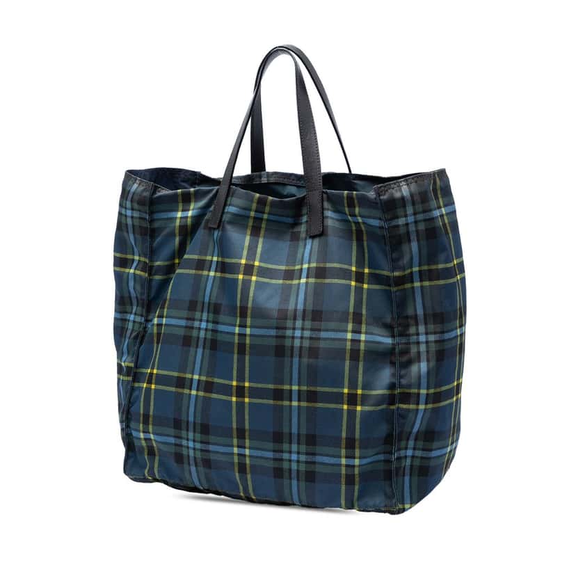 Prada Tessuto Stampato Plaid Tote Blue Very good condition - Back View