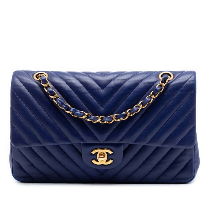Chanel Medium Classic Chevron Lambskin Double Flap Blue Leather Very good condition - Front View