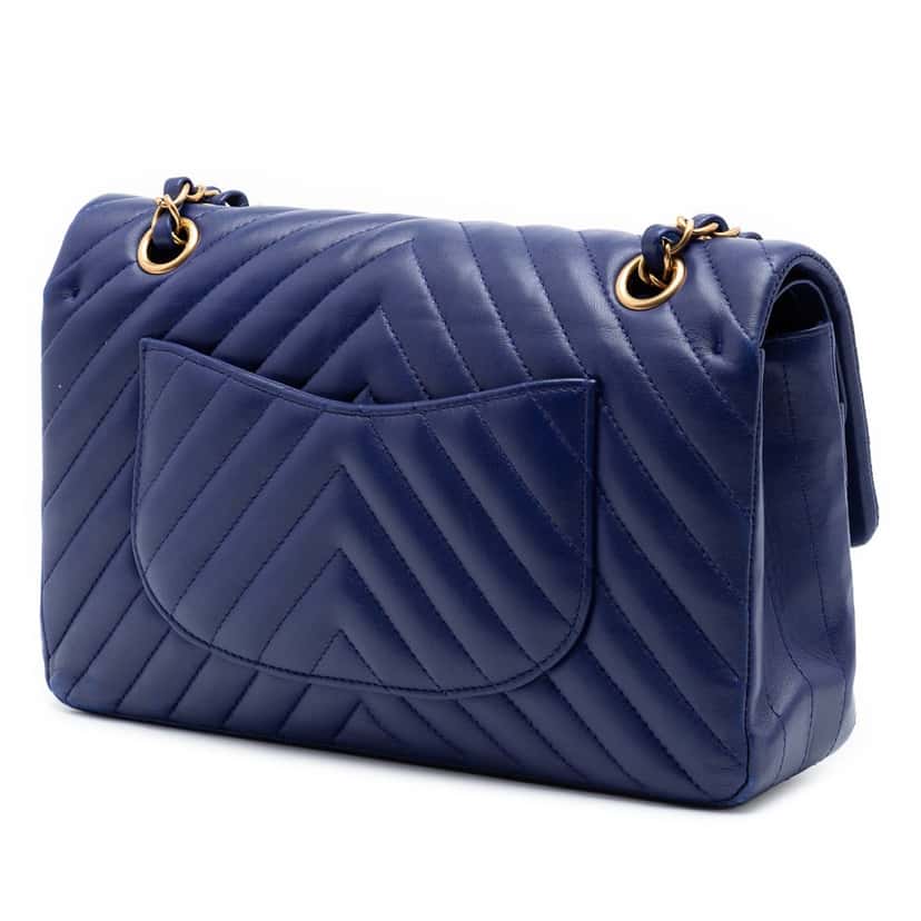 Chanel Medium Classic Chevron Lambskin Double Flap Blue Leather Very good condition - Back View