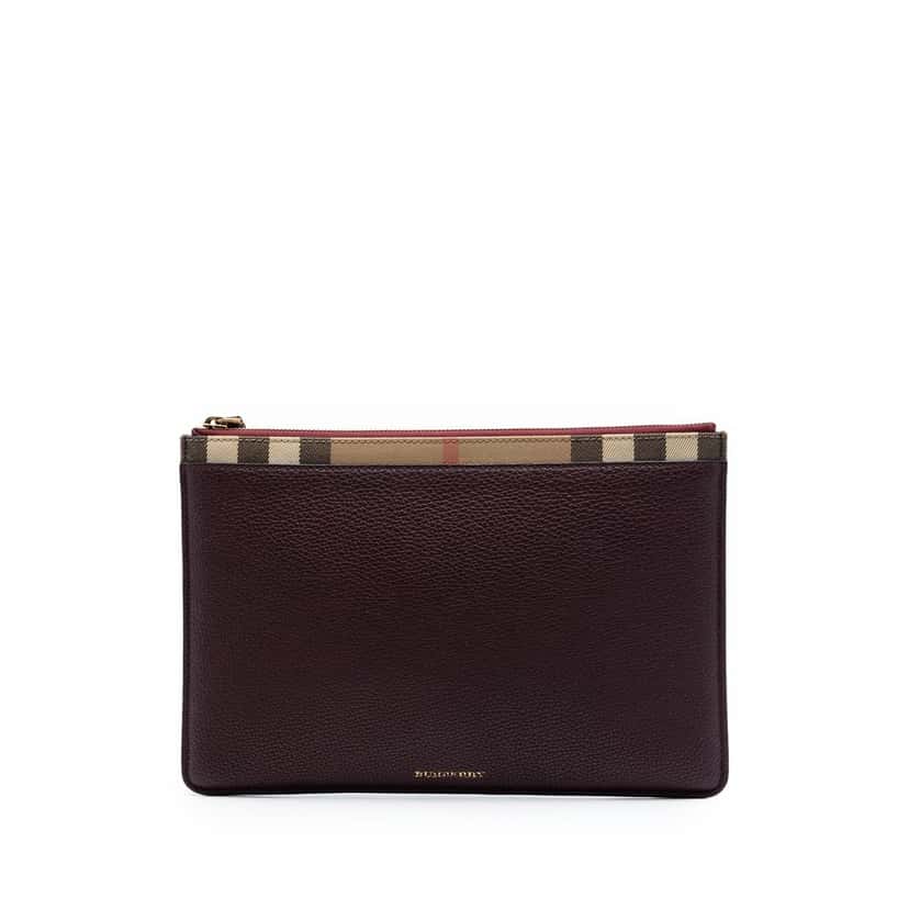 Burberry House Check Canvas Trimmed Grained Calfskin Zip Pouch Red Leather Very good condition - Front View