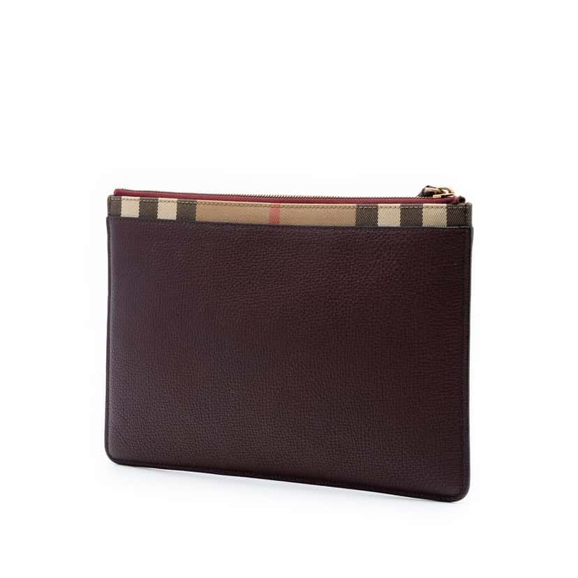 Burberry House Check Canvas Trimmed Grained Calfskin Zip Pouch Red Leather Very good condition - Back View