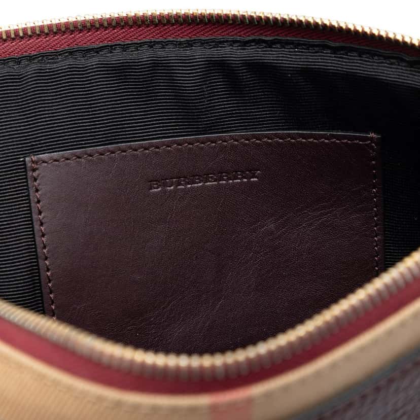 Burberry House Check Canvas Trimmed Grained Calfskin Zip Pouch Red Leather Very good condition - Box View