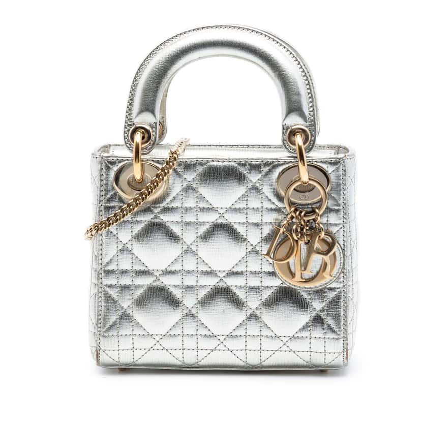 Dior Mini Metallic Crinkled Calfskin Cannage Lady Dior Silver Leather Very good condition - Front View