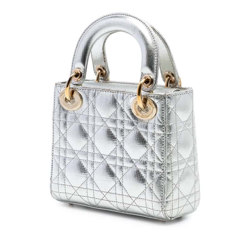 Dior Mini Metallic Crinkled Calfskin Cannage Lady Dior Silver Leather Very good condition - Back View
