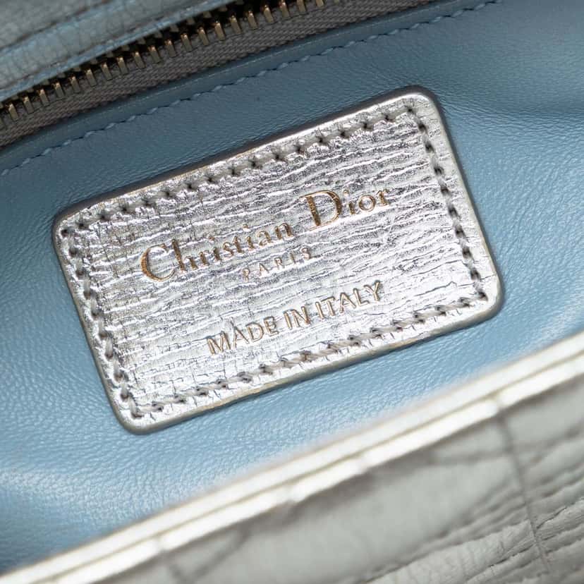 Dior Mini Metallic Crinkled Calfskin Cannage Lady Dior Silver Leather Very good condition - Box View