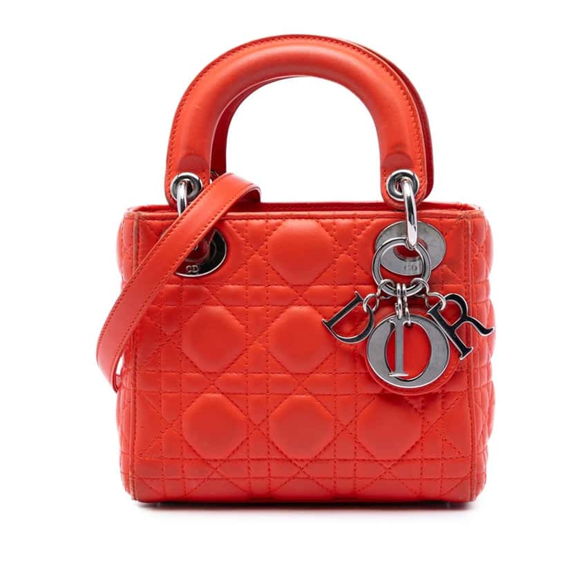 Dior Mini Lambskin Cannage Lady Dior Orange Leather Very good condition - Front View