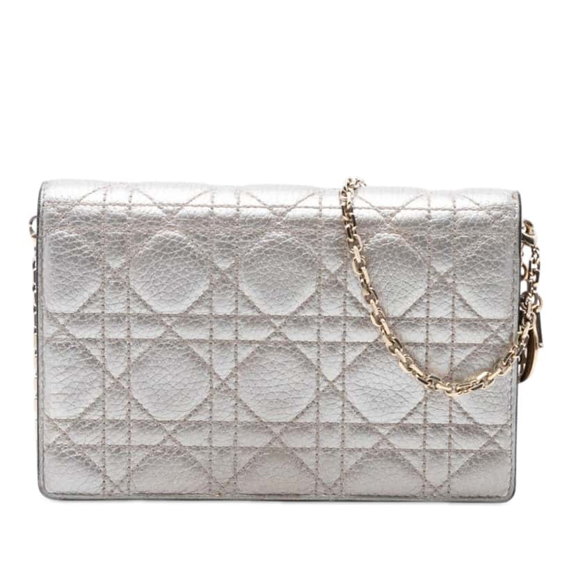 Dior Metallic Lambskin Cannage Lady Dior Wallet On Chain Silver Leather Very good condition - Front View