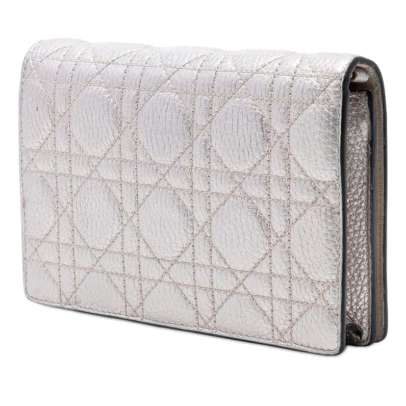 Dior Metallic Lambskin Cannage Lady Dior Wallet On Chain Silver Leather Very good condition - Back View