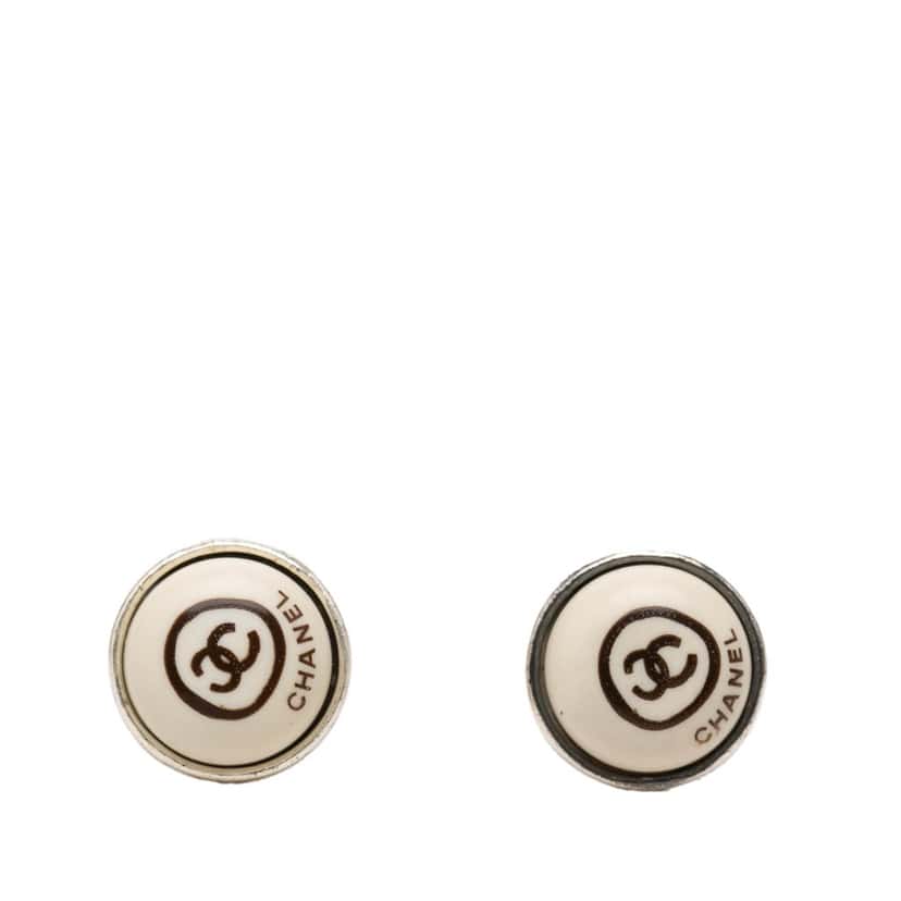 Chanel CC Brass Enamel Round Push Back Earrings Silver Metal Very good condition - Front View
