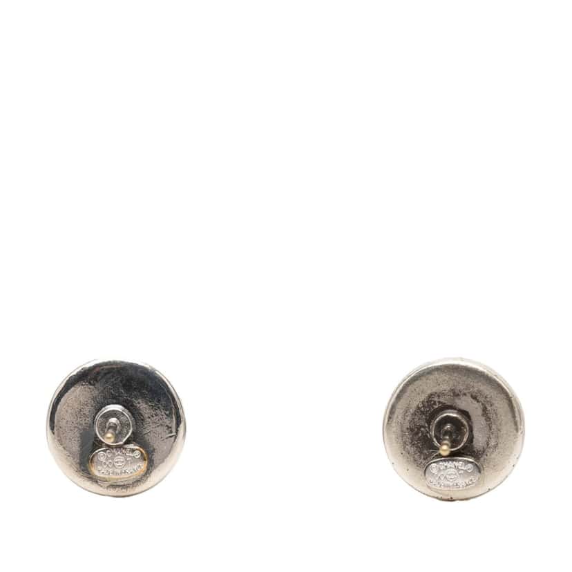 Chanel CC Brass Enamel Round Push Back Earrings Silver Metal Very good condition - Back View