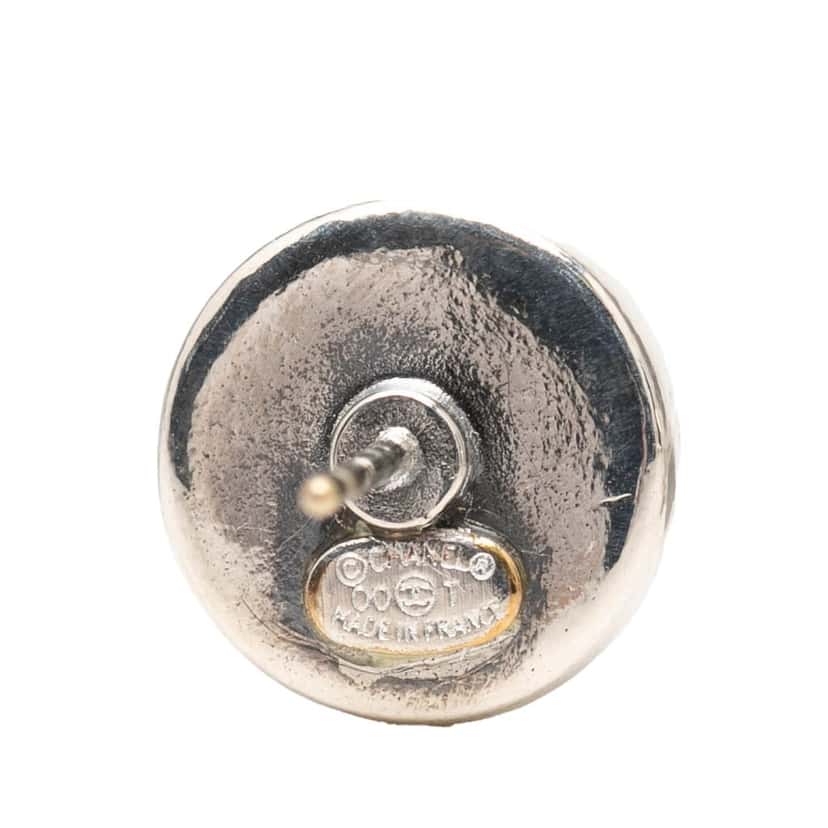 Chanel CC Brass Enamel Round Push Back Earrings Silver Metal Very good condition - Inside View