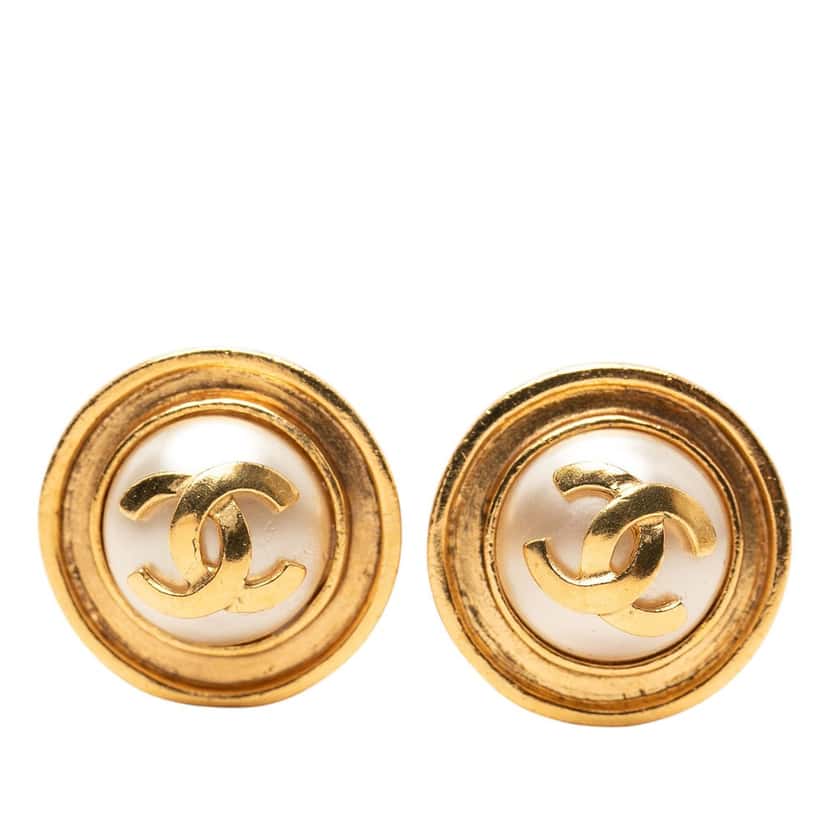 Chanel CC Gold Plated Faux Pearl Clip on Earrings Gold Metal Very good condition - Front View