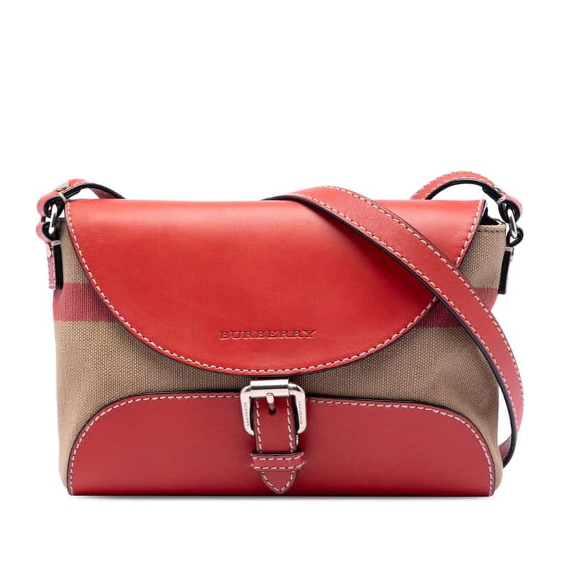 Burberry Leather and House Check Canvas Henham Crossbody Red Leather Very good condition - Front View
