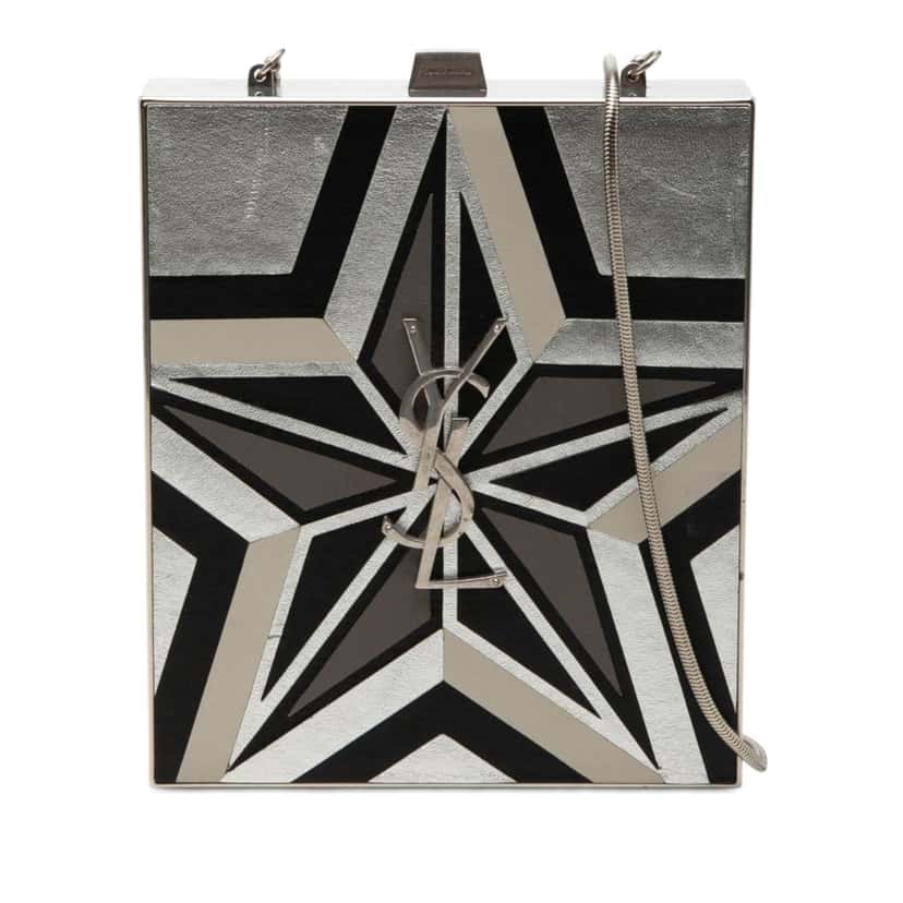 Saint Laurent Metal and Leather Tuxedo Box Star Clutch on Chain Silver Metal Very good condition - Front View