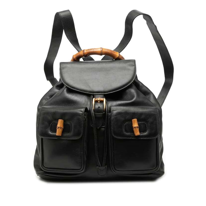 Gucci Calfskin Bamboo Drawstring Backpack Black Leather Very good condition - Front View