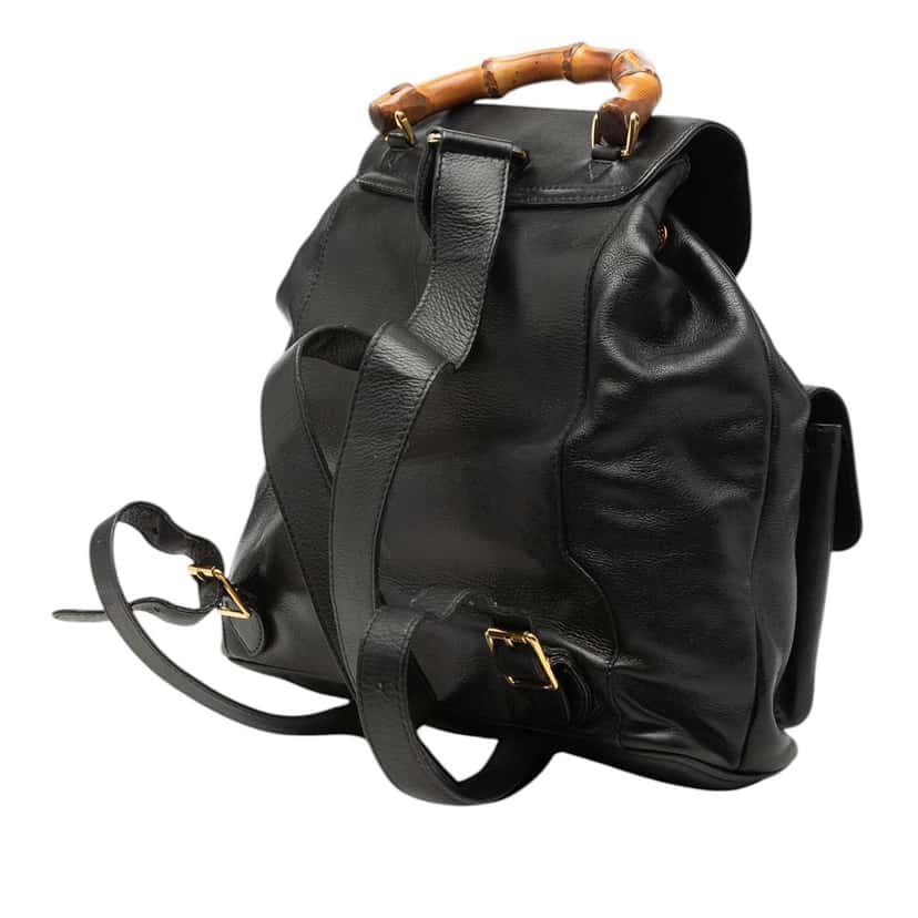 Gucci Calfskin Bamboo Drawstring Backpack Black Leather Very good condition - Back View